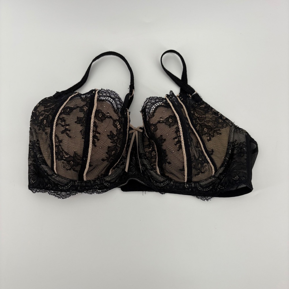 DKNY 36C Black Lace Balconette Plunge Sheer Floral Underwire Bra Lingerie‎